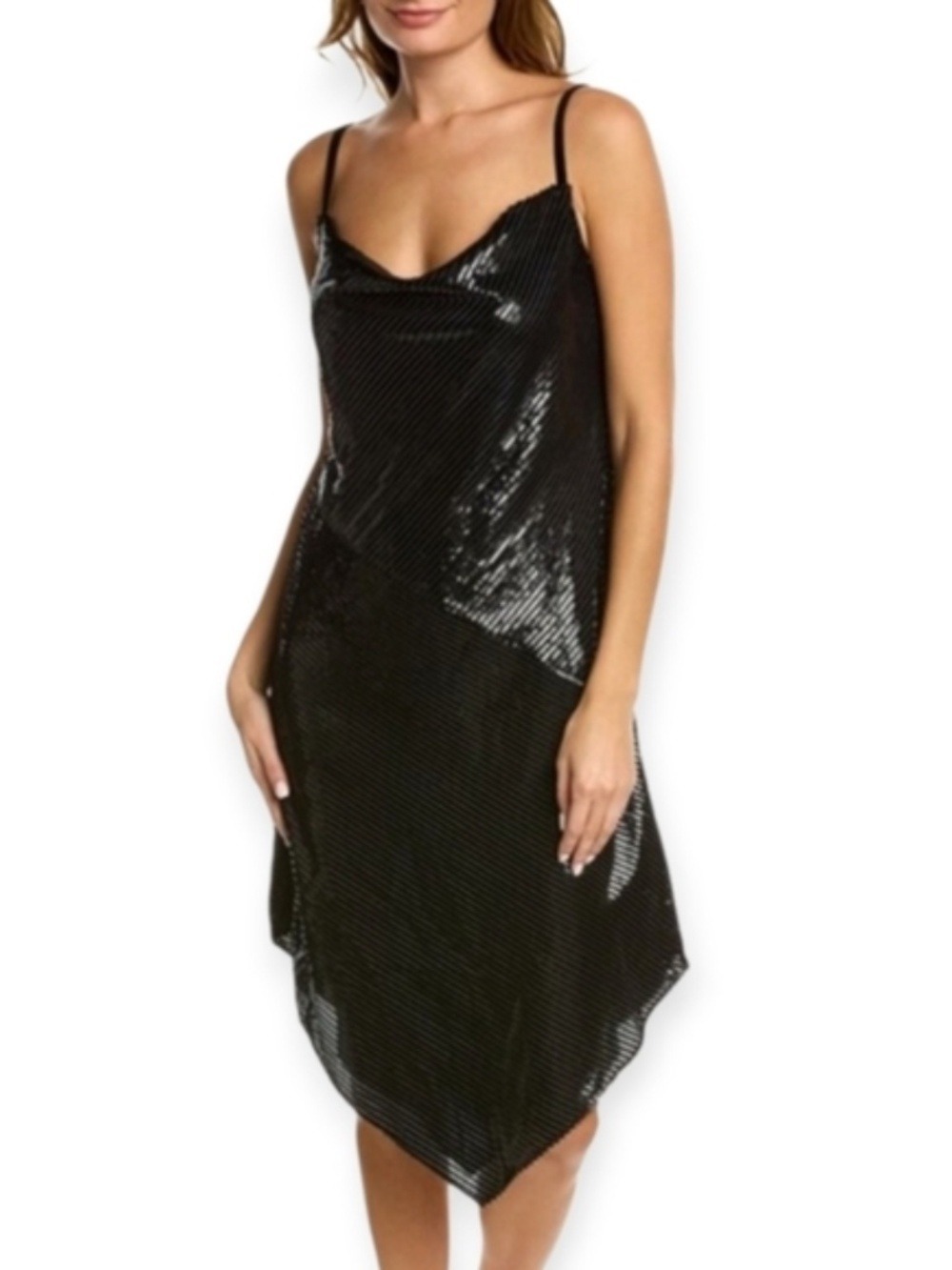 Trina Turk Black Burnout Velvet Shiny Cowl Neck Slip Dress Size M